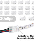 20 Pcs 4 Pin 10mm LED Strip Connectors Waterproof Adapter 22 AWG Wires For RGB Strip Lights shown with strips and connectors