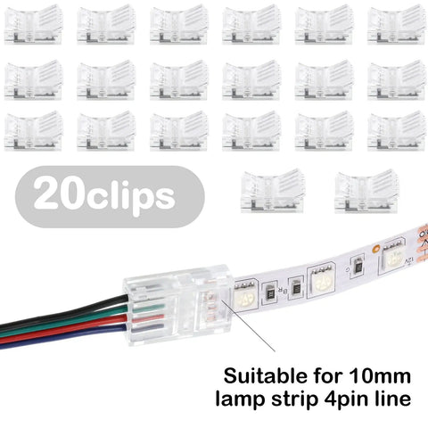 20 Pcs 4 Pin 10mm LED Strip Connectors Waterproof Adapter 22 AWG Wires For RGB Strip Lights shown with strips and connectors