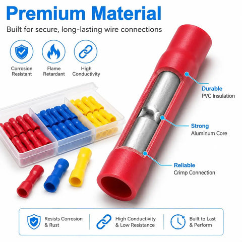 Get This Awesome 100pcs Butt Splice Connector Kit For Your Car Or Home With Durable Red Blue Yellow Wire Connectors That Rock Secure Contacts And Perfectly Fit 22 To 10 AWG Wires Without Any Mess Or Hassle For Quick Crimping Jobs. 100-piece butt splice connectors in red, blue, yellow