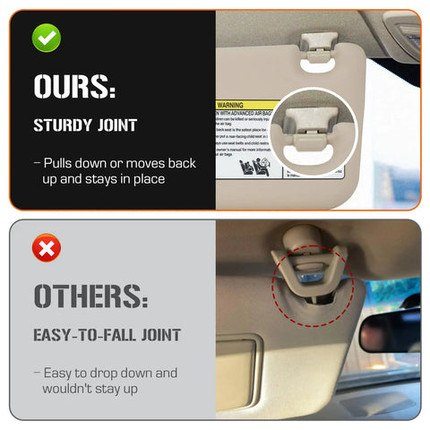 Comparison of Toyota RAV4 Left Driver Side Beige Sun Visor With Vanity Light Replacement showing sturdy and weak joints.