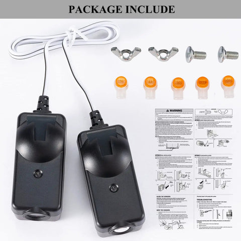 Garage Safety Sensor Kit For 1997 To Current Garage Door Openers With Safety Sensors Includes Two Sensors For Receiving And Sending Replacement G801CBP Compatible With LiftMaster Sears Chamberlain Craftsman Openers No Hassle Install Plug And Play, shown with accessories and installation guide.
