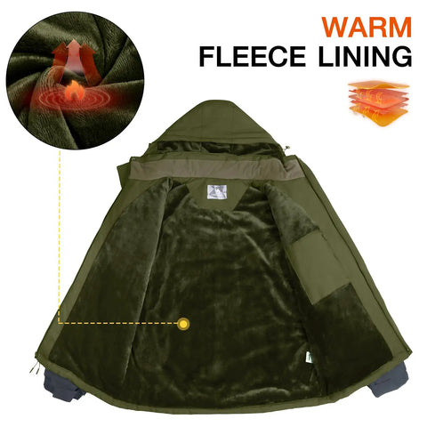 Mens Ski Snow Jacket Waterproof Winter Coat Windproof Warm Fleece Lined Hooded Parka Olive Green Size S, showing fleece lining