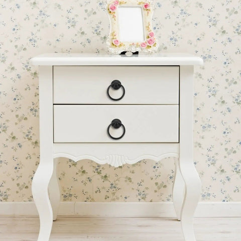 Vintage Style Metal Drawer Handles With Drop Ring Pulls, 6 Pack for wardrobes, cabinets and dressers, shown on white furniture.