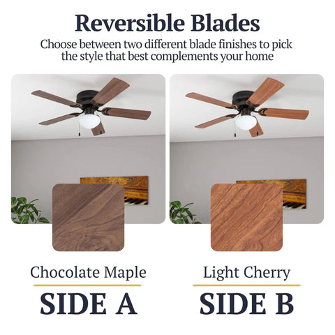 Dual-blade view of 42 Inch Indoor Ceiling Fan With Light LED Flush Mount 5 Blades Bronze Finish With Light Cherry and Maple Brown Blades