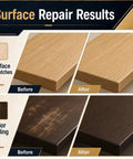 Before and after wood surface repair results using Straight Up Tough Wood Repair Paste With Crack Lock Formula And Easy Glide Blend Sticks.