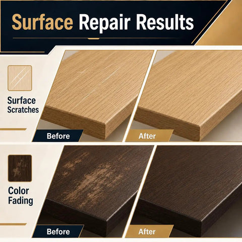 Before and after wood surface repair results using Straight Up Tough Wood Repair Paste With Crack Lock Formula And Easy Glide Blend Sticks.