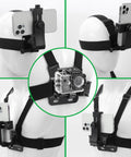 Grab-and-Go Chest Strap Mount And Head Strap POV Kit with smartphone and action camera attached for various viewpoints.