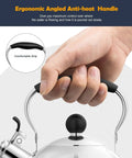 Stainless Steel 2 Quart Whistling Tea Kettle For Stovetop With Ergonomic Folding Handle, close-up of handle grip.
