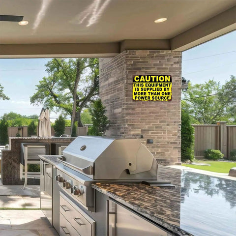 Funny Caution Sign This Equipment Is Supplied By More Than One Power Source on wall of outdoor kitchen area.