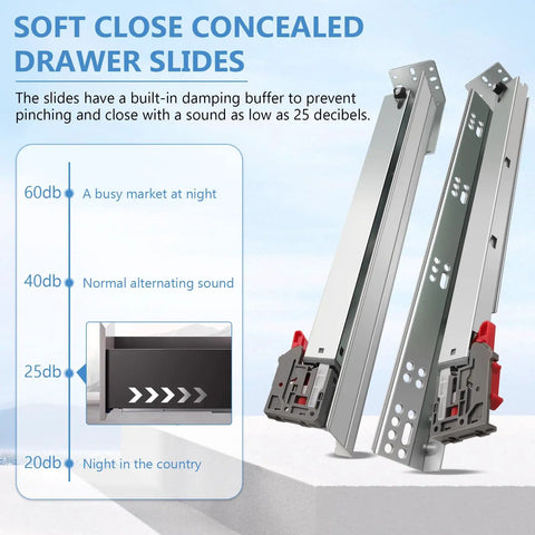 Kickass Four Pair Set Of Twelve Inch Undermount Drawer Slides With Butter Smooth Soft Close And Full Extension Concealed Runners showing sound reduction features.