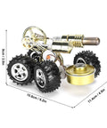 Mini Stirling Engine Model for Hands On Physics Experiments, zinc alloy kit showing dimensions and external combustion motor.
