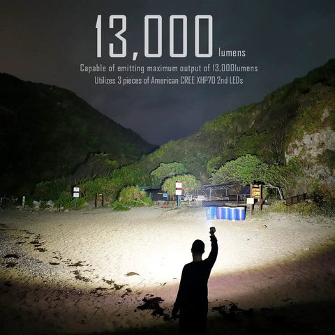 Person using Ultra Bright EDC Flashlight 13000 Lumens with Cree XHP70.2 LEDs illuminating a beach at night.