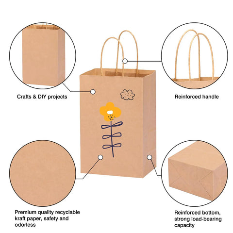 Bulk 150 Pack Brown Kraft Paper Gift Bags With Handles 5.25 x 3.2 x 8 Inches showing reinforced handle and bottom