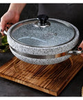 Induction Base Granite Stone Bowl With Glass Lid And Wood Base Heavy Duty Thick Stone Pot For Bibimbap And Soups Hot Pot Fan Favorite Retains Heat For Quick Cooking And Warm Meals 11 Point 8 Inch