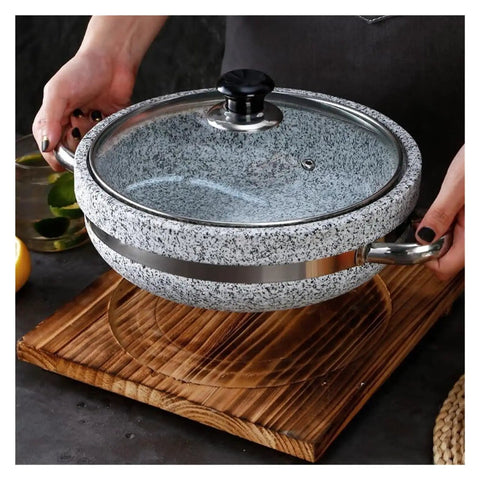 Induction Base Granite Stone Bowl With Glass Lid And Wood Base Heavy Duty Thick Stone Pot For Bibimbap And Soups Hot Pot Fan Favorite Retains Heat For Quick Cooking And Warm Meals 11 Point 8 Inch