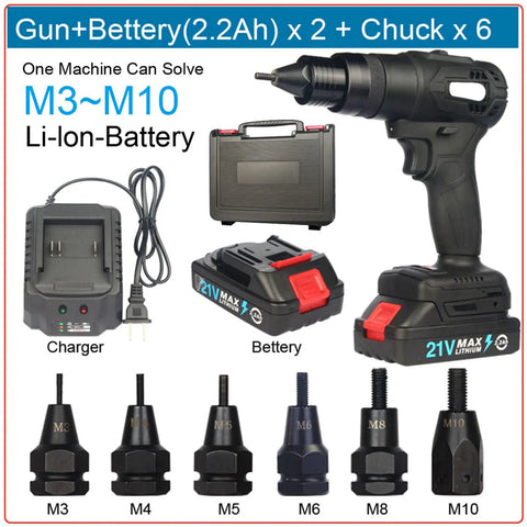 Heavy Duty Cordless Blind Rivet Nut Tool With 21V Brushless Motor And No Sweat Automatic Ramm Gun, includes battery, charger, and chucks.