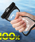 Hand holding Universal Waterproof Phone Case Dry Bag Two Pack IPX8 Fits All Phones Up To 7 Inch Screen Wallet Card Holder