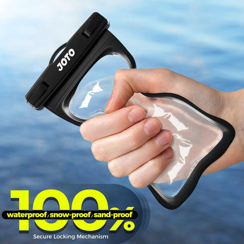 Hand holding Universal Waterproof Phone Case Dry Bag Two Pack IPX8 Fits All Phones Up To 7 Inch Screen Wallet Card Holder