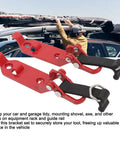 Two Pack Heavy Duty Roof Rack Shovel Holder With Metal Rubber Clamp Mount in red on vehicle