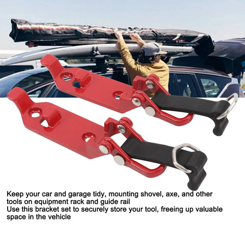 Two Pack Heavy Duty Roof Rack Shovel Holder With Metal Rubber Clamp Mount in red on vehicle