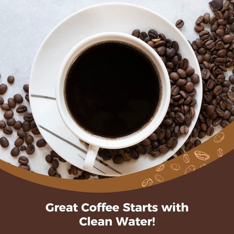 Cup of coffee with beans, highlighting Tall Handle Water Filter Replacement Starter Kit For Keurig 2.0 With Three Charcoal Filter Cartridges