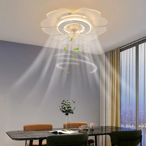 Ceiling Fan with Light 18.5 Inch Smart Control Acrylic for Bedroom Living, flower-shaped design with light beams, suitable for dining area.