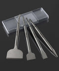 Firecore 4-piece SDS Plus tile removal chisel set in alloy steel with clear plastic carrying case