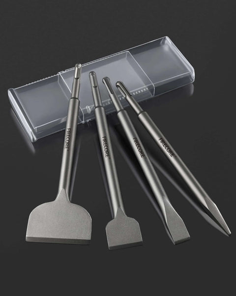 Firecore 4-piece SDS Plus tile removal chisel set in alloy steel with clear plastic carrying case