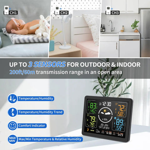 All In One Weather Station With Wireless Indoor Outdoor Thermometer And Three Remote Sensors 7.5 Inch VA Display in home setting