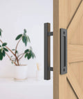12 Inch Sliding Barn Door Handle Pull And Flush Hardware Set In Rustic Black Finish Anti Rust Steel installed on wood door