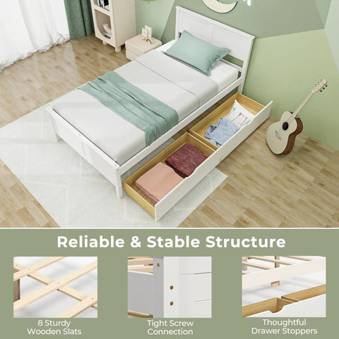 Solid Wood Twin Platform Bed With Two Smooth Rolling Storage Drawers And A Clean White Headboard, overhead view with bedding and open drawers.