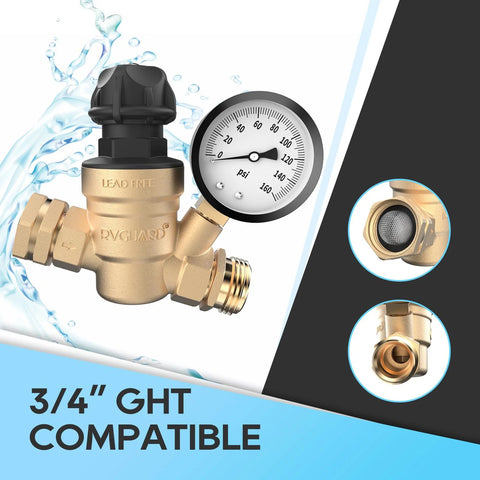 Front view of RVGUARD lead-free brass water pressure regulator with gauge and 3/4-in GHT compatibility