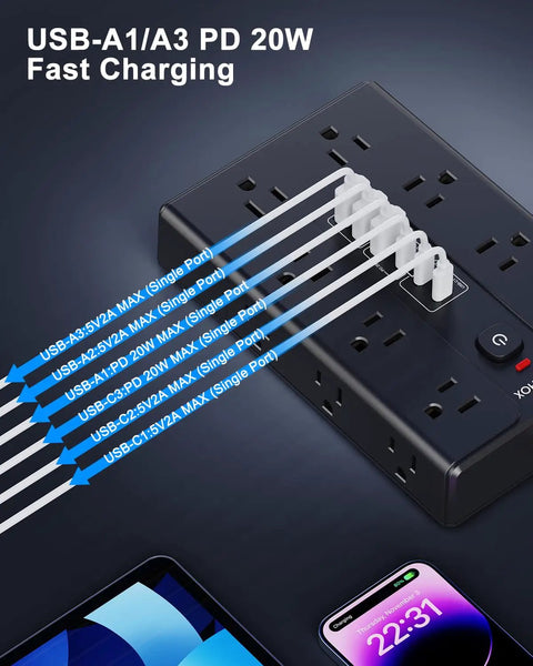 Heavy Duty 16 Outlet Surge Protector Power Strip With Six USB Ports Including USB-C And USB-A 6.5 Foot Flat Plug Extension Cord Overload Protection Ideal Home Office Charging Station For Desktops And Gadgets