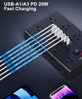 22 In 1 Ultra Flat Plug Power Strip With 16 Wide AC Outlets And 6 USB Ports Including 3 Type C Fast Charge A Handy Desk Or Home Office Power Hub That Can Run Up To 15 Devices At Once, black plastic, angled top view