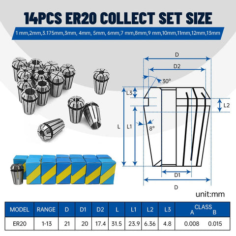 14-piece ER20 collet set with detailed measurements for 2.2KW Water Cooled Spindle Motor ER20 24000 RPM With 400Hz VFD Inverter 110V