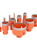 Grab This Awesome 11 Piece Hole Saw Kit With Hex Shank For Cutting Ceramic Tile Marble And Stone. Includes Cooling Wax And Chip Removal Tech To Make Drilling Fast Smooth And Super Easy For Any Pro Project Or Weekend DIY Warrior Who Wants Top Results. 11-piece orange diamond hole saw kit with hex shanks