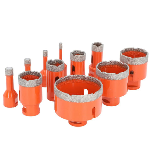 Grab This Awesome 11 Piece Hole Saw Kit With Hex Shank For Cutting Ceramic Tile Marble And Stone. Includes Cooling Wax And Chip Removal Tech To Make Drilling Fast Smooth And Super Easy For Any Pro Project Or Weekend DIY Warrior Who Wants Top Results. 11-piece orange diamond hole saw kit with hex shanks