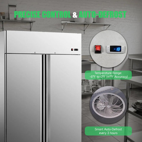 Straight Up Heavy Duty Commercial Upright Refrigerator With Solid Double Doors showing digital controls and auto-defrost feature.