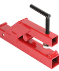 Beefy Clamp On Trailer Hitch For 2 Inch Receivers, Heavy Duty Bucket Lip Clamp Mount, red finish, side angle view