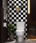 Bathroom with self adhesive checkered black and white vinyl floor covering roll 15.8 by 394 inch for waterproof floors kitchen RV
