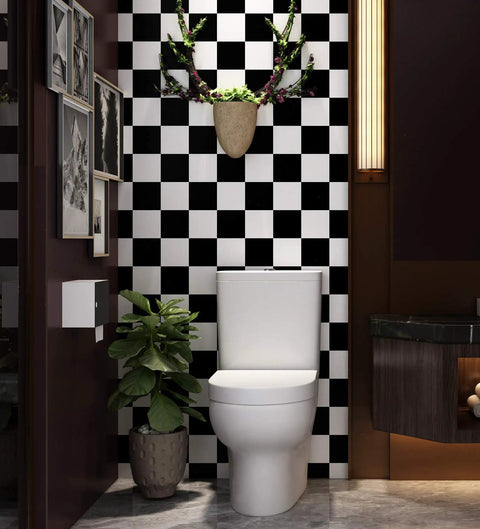 Bathroom with self adhesive checkered black and white vinyl floor covering roll 15.8 by 394 inch for waterproof floors kitchen RV