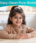 Smiling girl holding a glass of water, highlighting benefits of Replacement Refrigerator Water Filter Three Pack for UKF8001 and EDR4RXD1 NSF ANSI 53 and 42 Certified to reduce meds and BPA Compatible with Maytag UKF8001AXX UKF8001P and Whirlpool 4396395 WF UKF8001 SGF M9