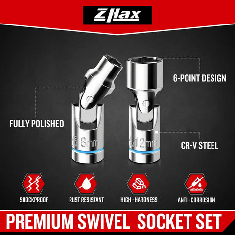 12-Piece Quarter Inch Drive Universal Flex Socket Set, 6-Point Metric From Five To Fifteen Millimeters, Swivel Joint, CR-V Steel, Workin' In Tight Spaces And Hard To Reach Spots, 8mm and 12mm sockets