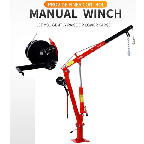 Built Tough Steel Truck Crane and Bed Hoist with Hand Winch for Pickup Trucks Beast Mode Hydraulic Extendable Boom 360 Degree Rotate Red, showing manual winch and adjustable arm.