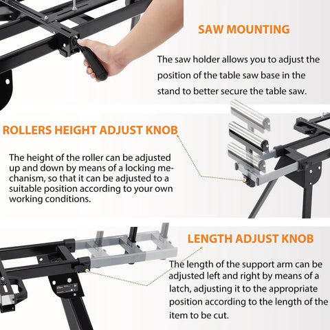 Built Tough Folding Miter Saw Stand Handles 440 Pounds Without Breaking A Sweat showing adjustable height and length knobs for various cuts.