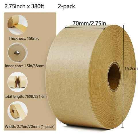 No Fuss 2 Pack Reinforced Water Activated Gummed Kraft Paper Tape 2.75 X 380 Ft Per Roll, showing roll dimensions and details.