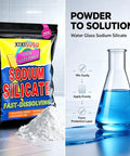 Straight Up High Purity Sodium Silicate Powder For Cold Water Mixing With Zero Hassle in a pouch beside a blue liquid in a flask.