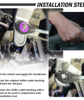 Easy Fit Transmission Shift Cable Bushing Repair Kit Replacement OEM Style installation steps diagram with install tool in use.