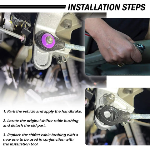 Easy Fit Transmission Shift Cable Bushing Repair Kit Replacement OEM Style installation steps diagram with install tool in use.