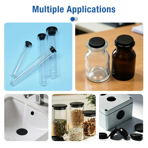Top Quality 126 Piece Silicone Plug Assortment Kit With Nine Sizes Covers All Your Round Hole Needs Including 3mm To 1 Inch For DIY And Home Repair Projects In Black Rubber in bottles, sink, and box
